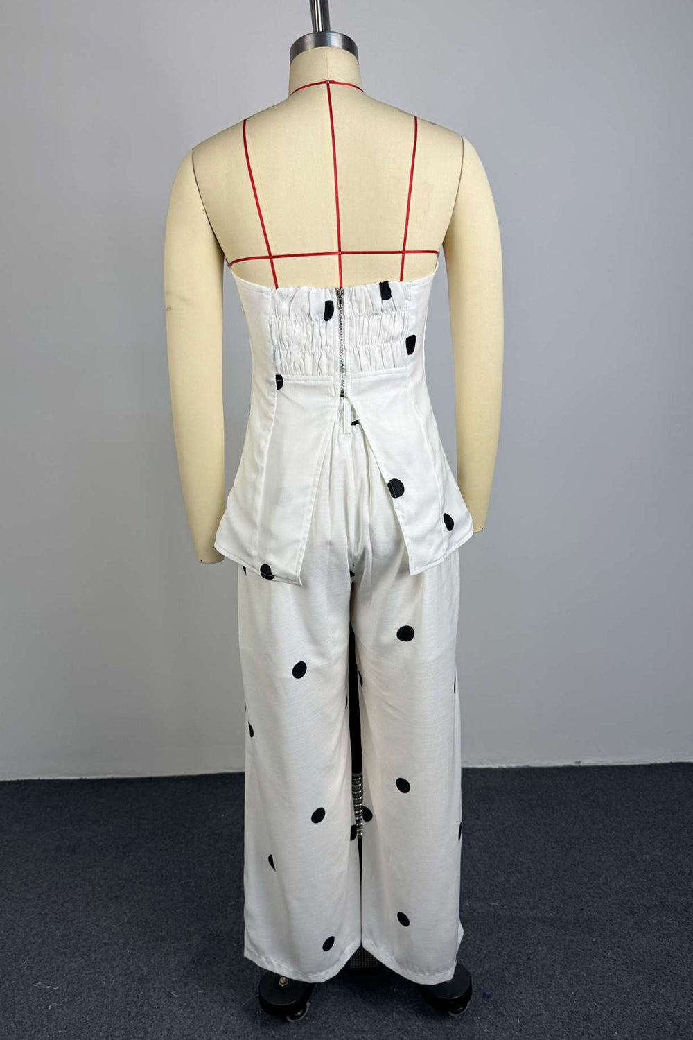Polka Dot Strapless Back Zipper Slit Top Wide Leg Pants Casual 2pcs Set-White