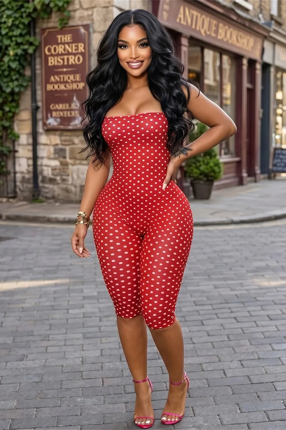 Polka Dot Print Halter Neck Backless Slim Fit Capris Jumpsuit-Red