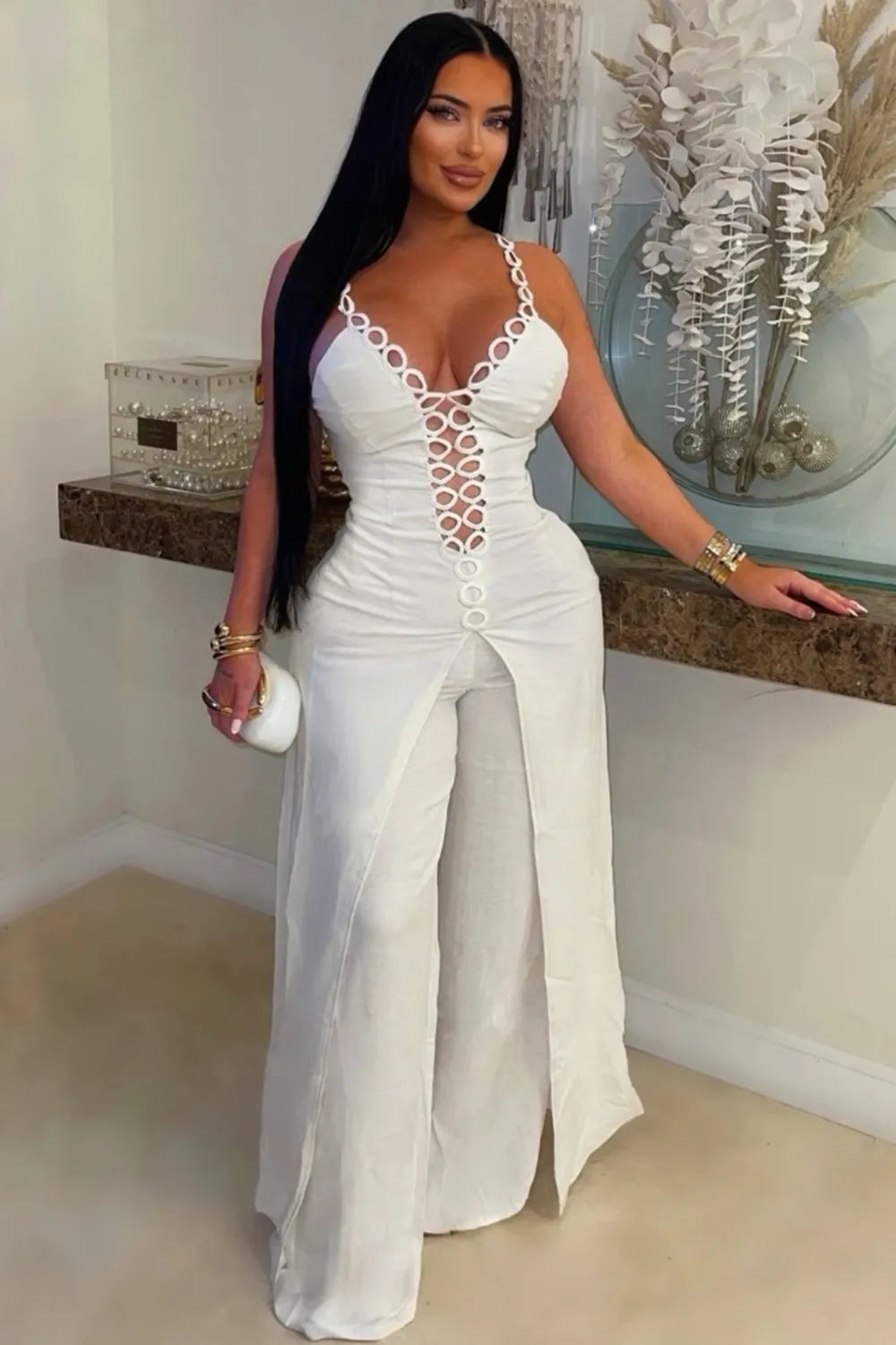 Front Cut Out Split Lace-Up Top Wide Leg Pants 2pcs Set-White
