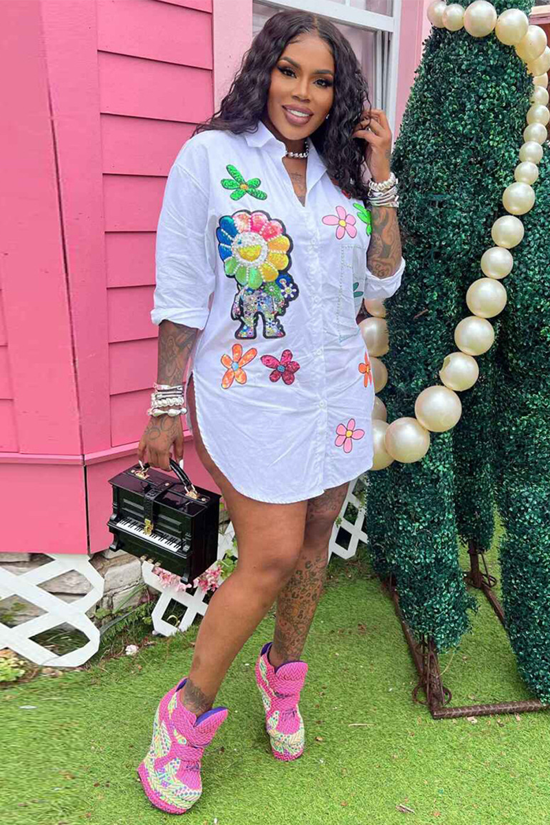 Floral Pattern  Collar Button Up Blouse Mini Dresses-White