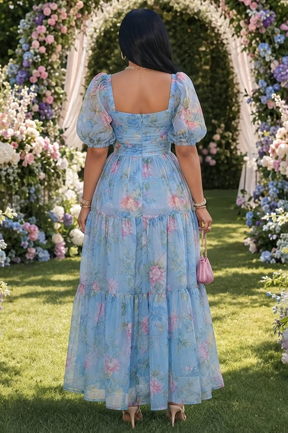 Floral Sweetheart Neck Puff Sleeve Cinch Waist Maxi Dresses-Blue