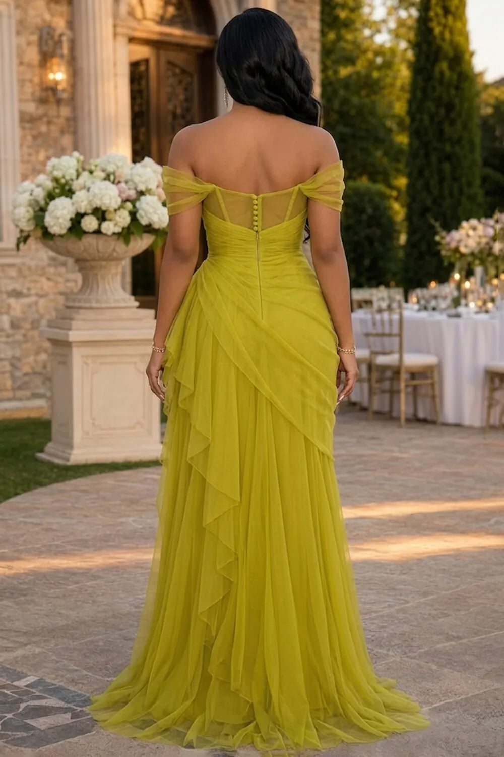 Off Shoulder Ruched Slit Mesh Wediing Maxi Dresses-Yellow