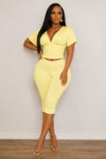Solid Color V Neck Short Sleeve Top Capri Pants 2pcs Set-Yellow