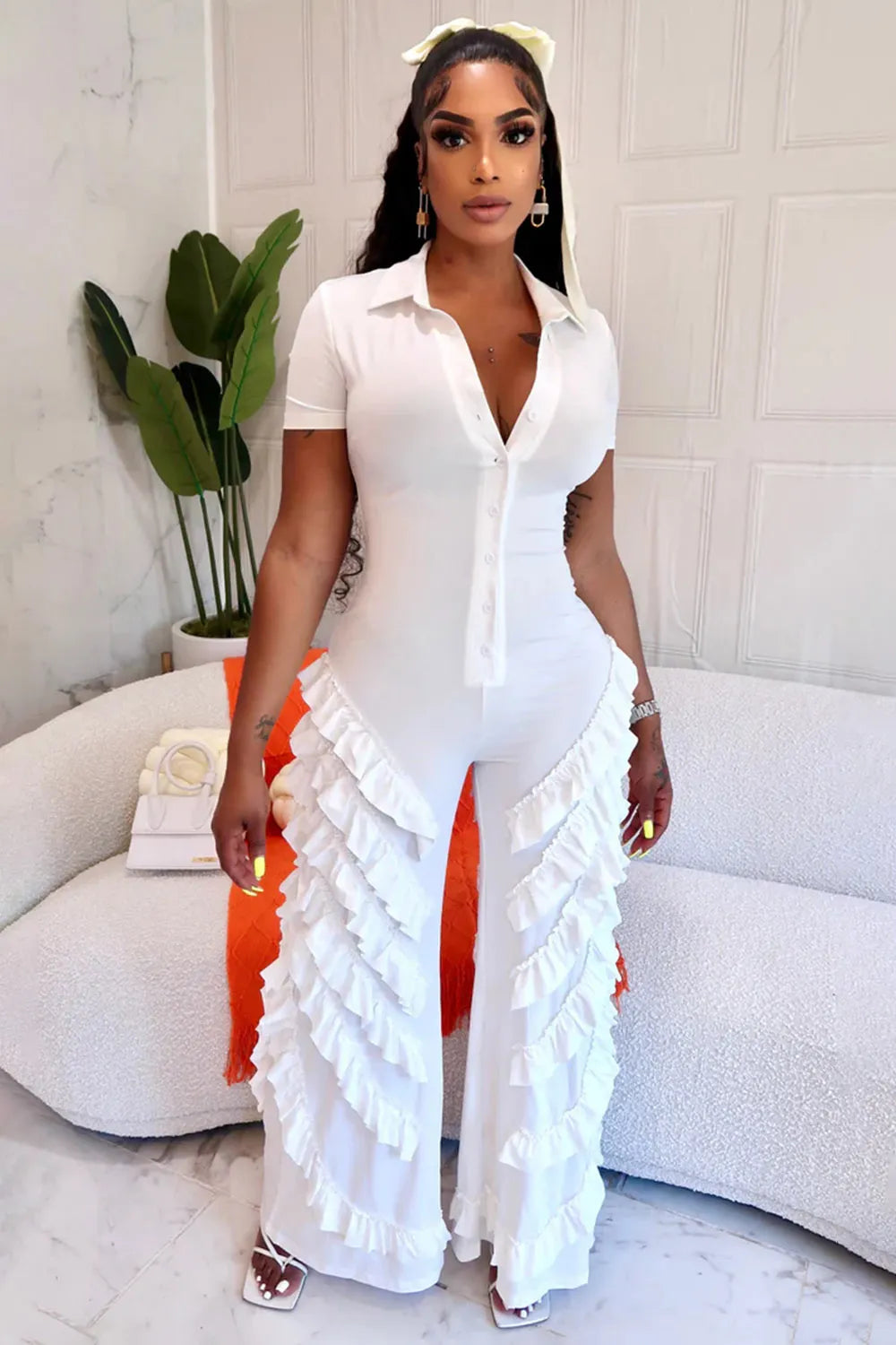 Collar Short Sleeve Ruffle Trim Decor Jumpsuit-White