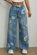 Floral Pattern Decor Loose Fit Straight Wide Leg Denim Casual Jeans-Blue