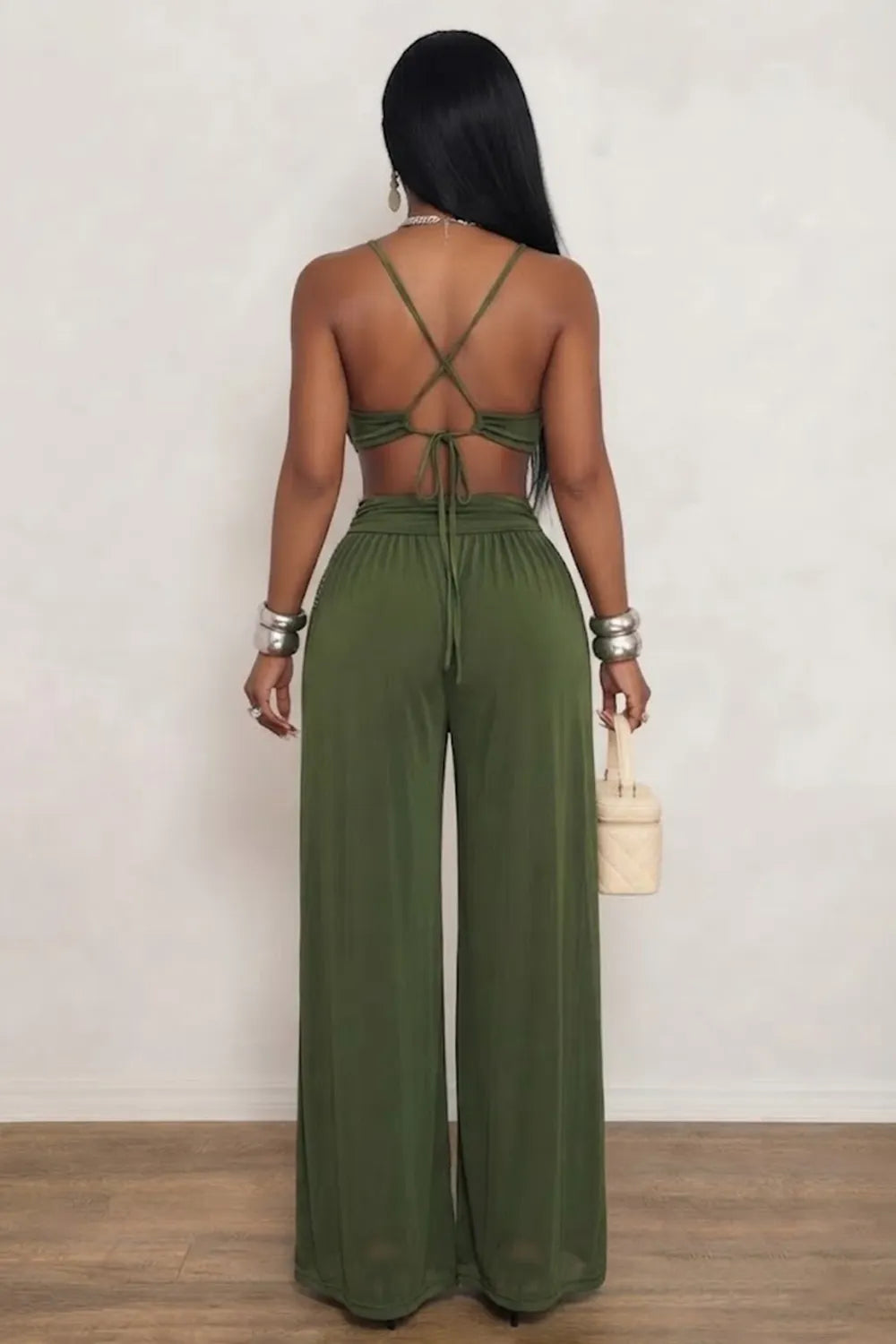 Deep V Neck Metal Decor Cut Out Semi-Sheer Vacation Loose Fit Jumpsuit-Green
