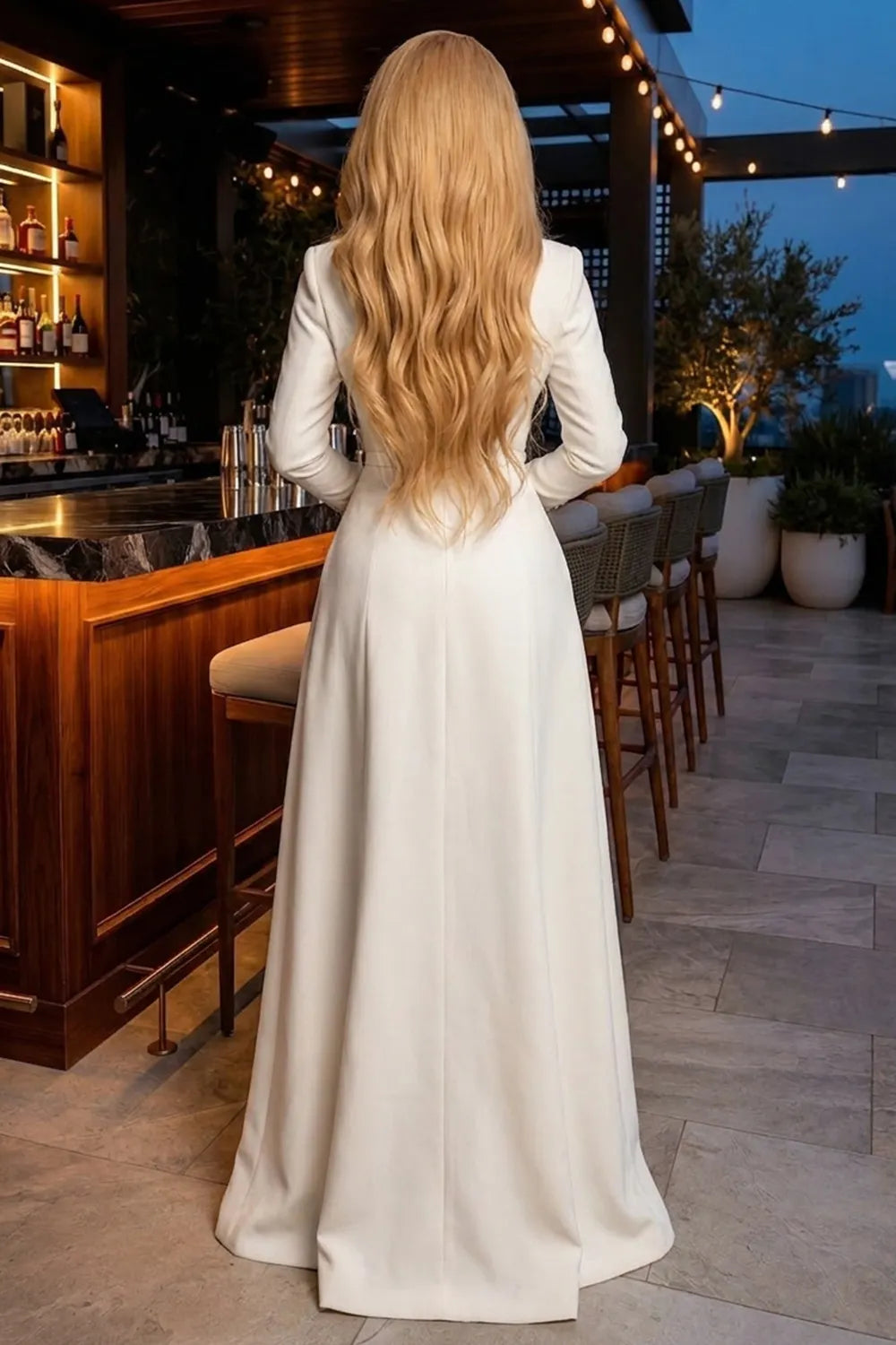 Notched Lapel Split Blazer Top Lace Wide Leg Pants 2pcs Set-White