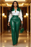 Collar Top High Waist Pants Casual Fit 2pcs Set-Green