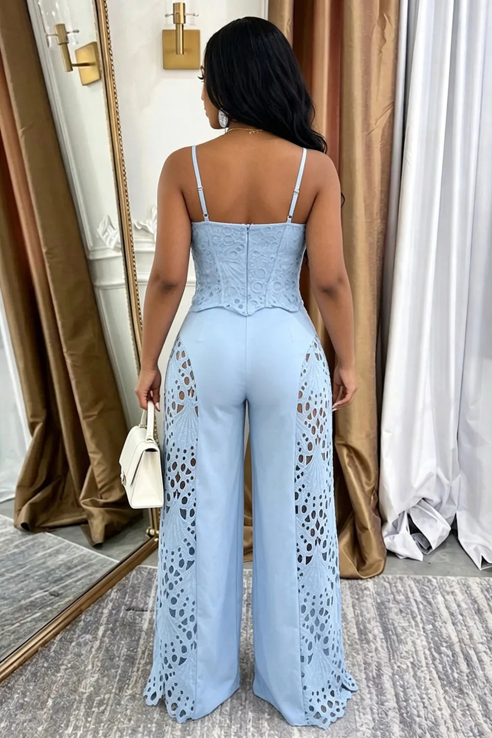 Lace Cami Neck Top Hollow Wide Leg Pants Casual 2pcs Set-Blue