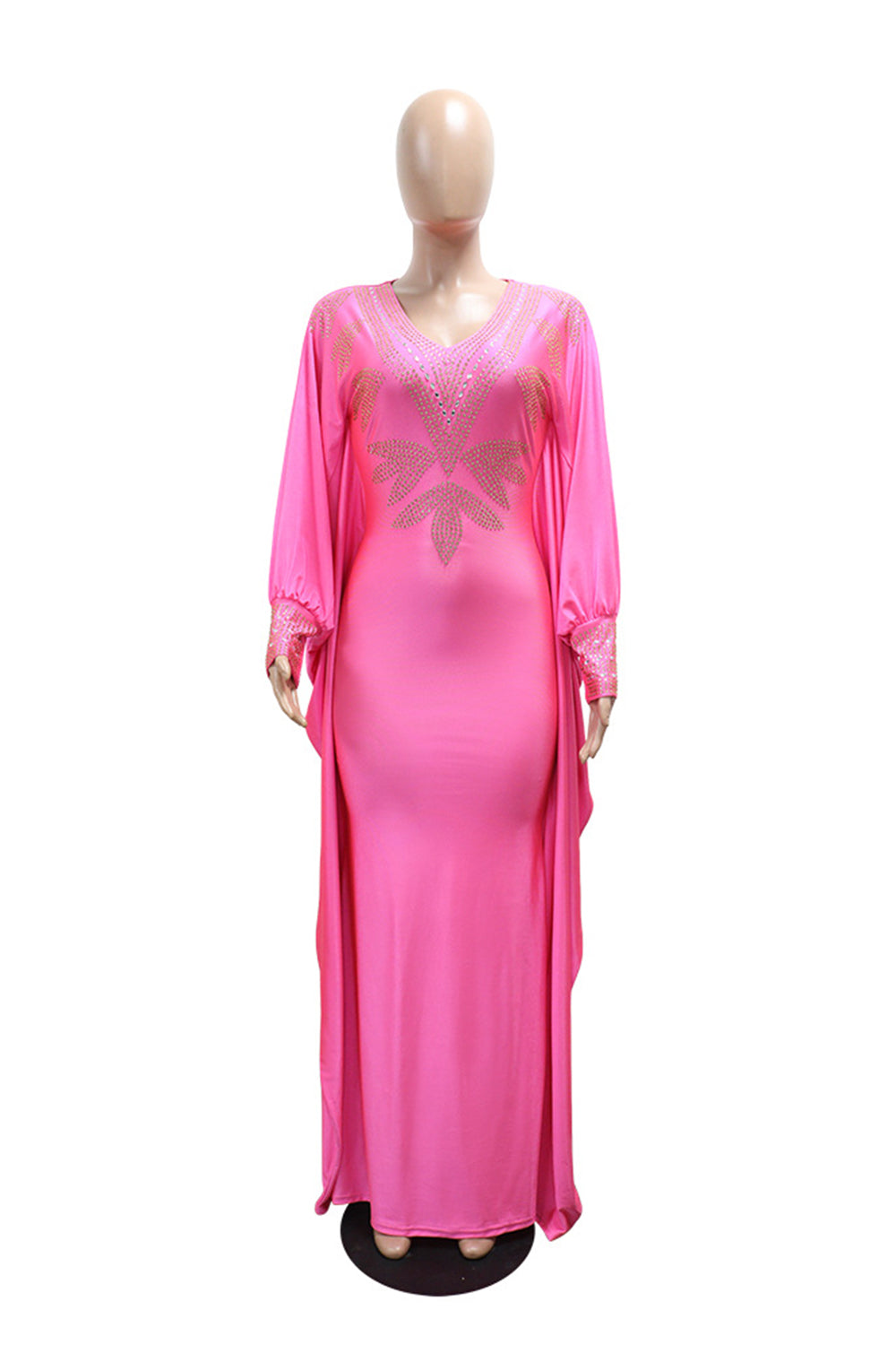 V Neck Batwing Sleeve Crystal Solid Color Slim Gowns Maxi Dresses-Fuchsia