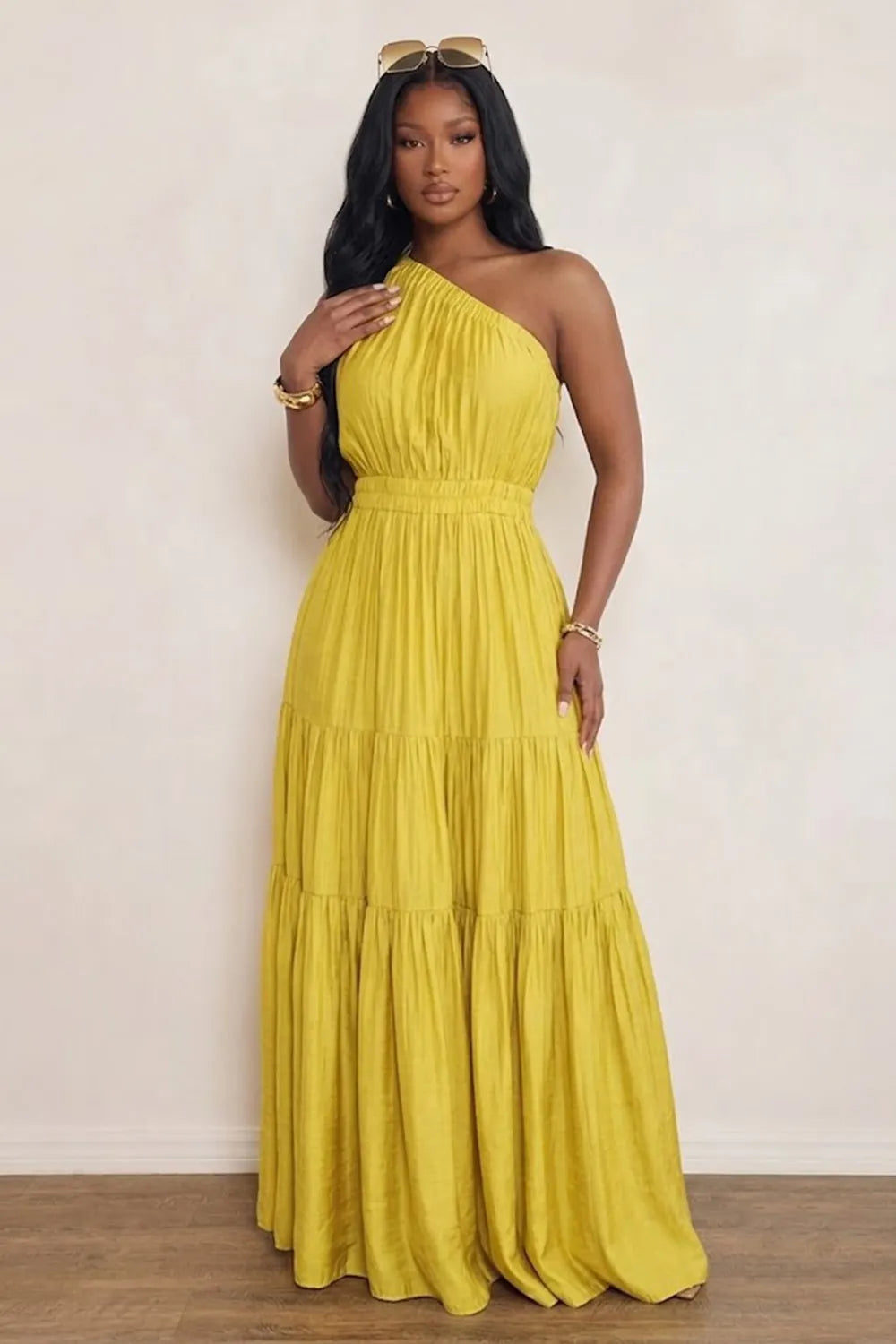 Solid Color One Shoulder Skew Neck Elastic Waist Tiered Maxi Dresses-White
