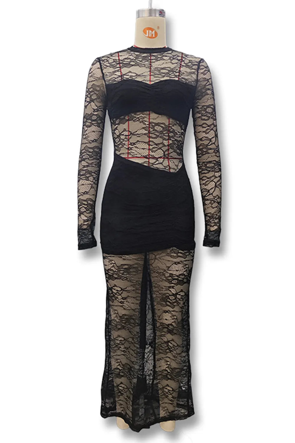 Round Neck Lace See-Through Long Sleeve Slim Fit Party Maxi Dresses-Black