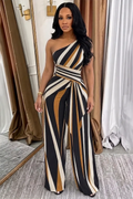 Striped One Shoulder Cinch Waist Wide Leg Jumpsuit
