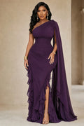 Oblique Collar Long Streamer Ruffle Hem Slit Maxi Dresses-Purple