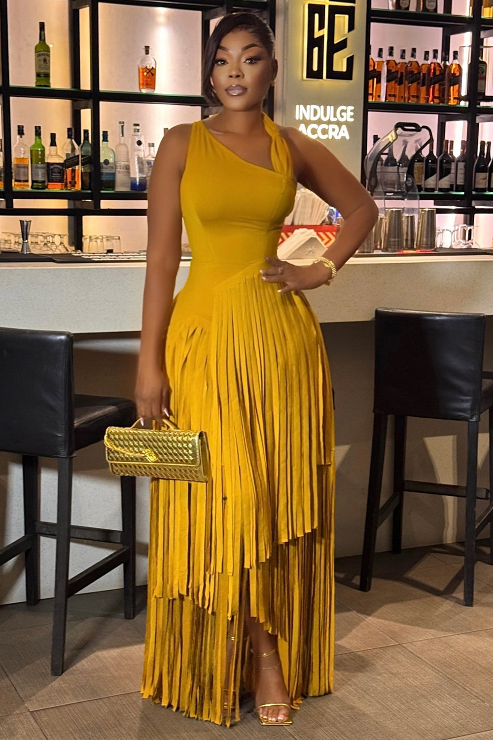 Wide Straps Cinch Waist Fringe Solid Color Maxi Dresses-Yellow