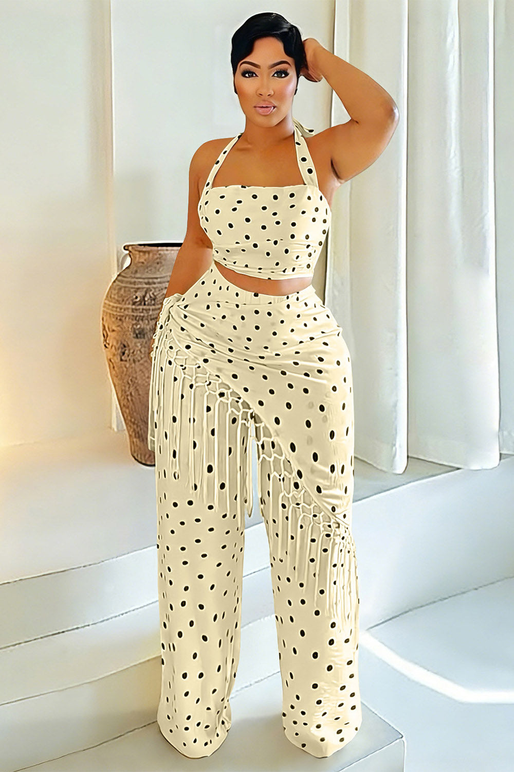 Polka Dot Halter Crop Top Pants Fringe Detachable Mini Skirt 3pcs Set-Yellow