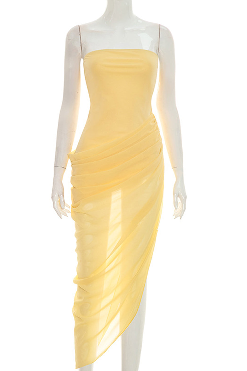 Strapless Ruched High Slit Mesh Patchwork Hem Gowns Maxi Dresses-Yellow