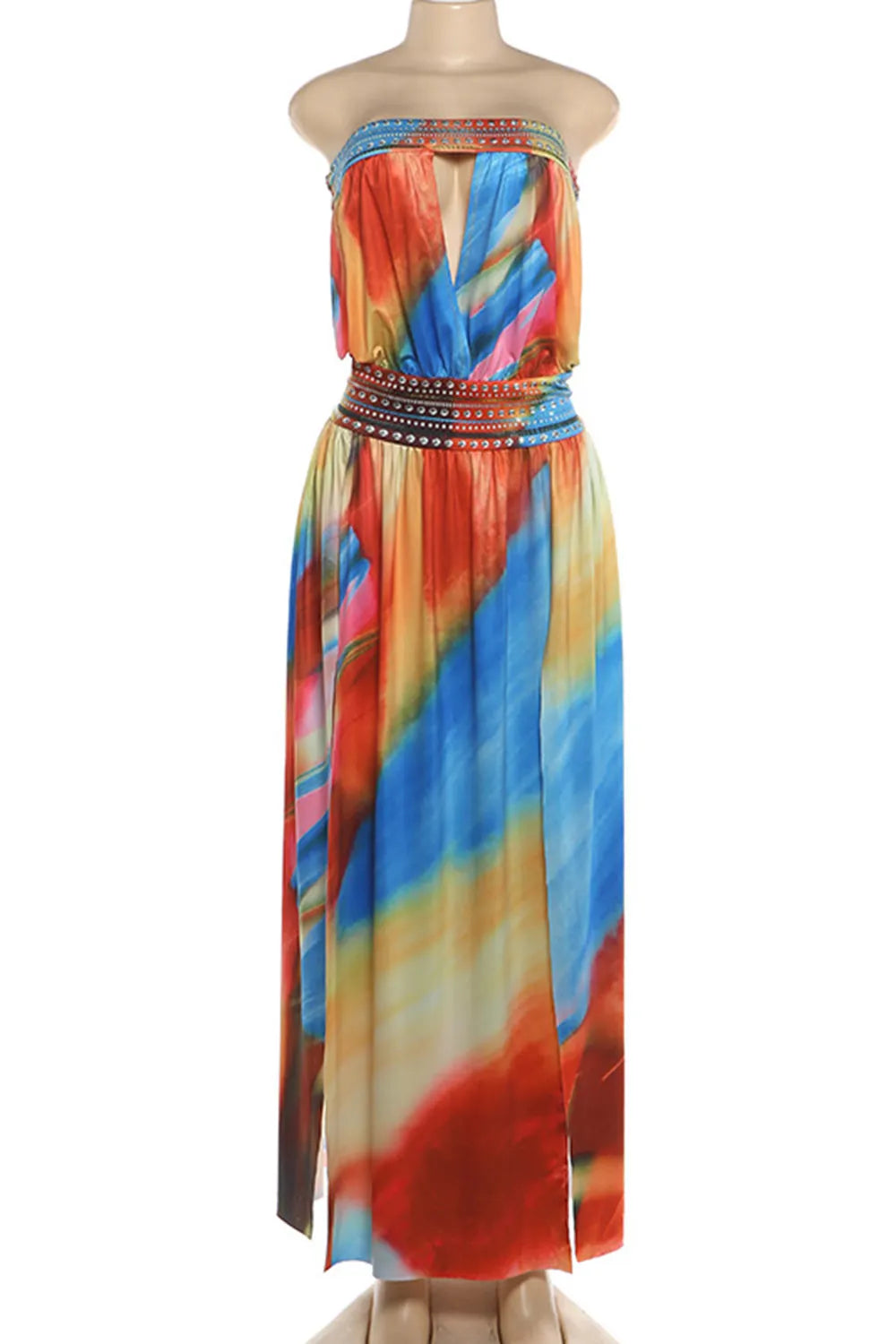 Tie Dye Print Strapless Cut Out High Slit Vacation Maxi Dresses