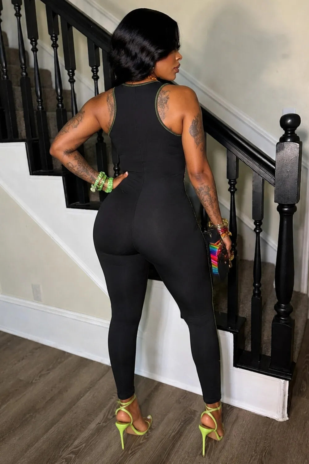 Letter Print Square Neck Sleeveless Skinny Casual Jumpsuit-Black