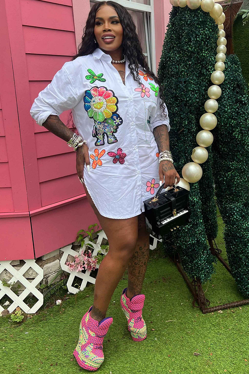 Floral Pattern  Collar Button Up Blouse Mini Dresses-White