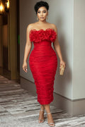 Strapless 3D Flower Ruched Cinch Waist Slim Fit Maxi Dresses-Red