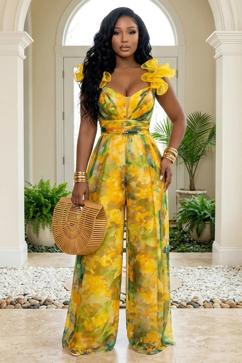 All Over Print Ruffle Trim Wide Leg Vacation Jumpsuit