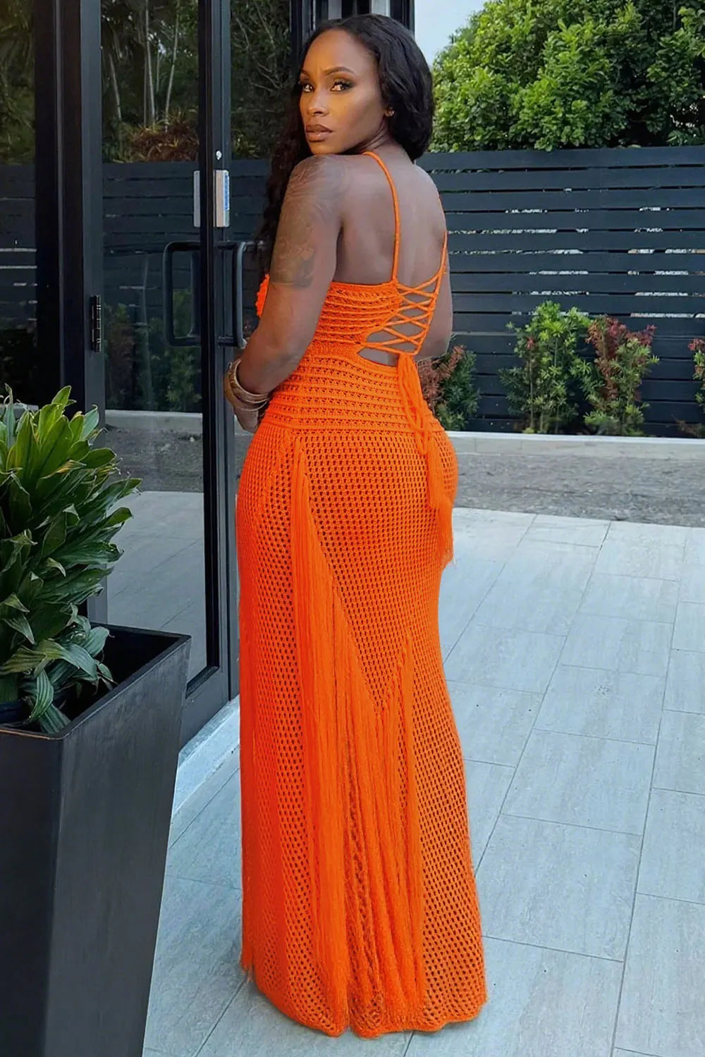 Halter Textured Knit Cutout Fringe Vacation Maxi Dresses-White