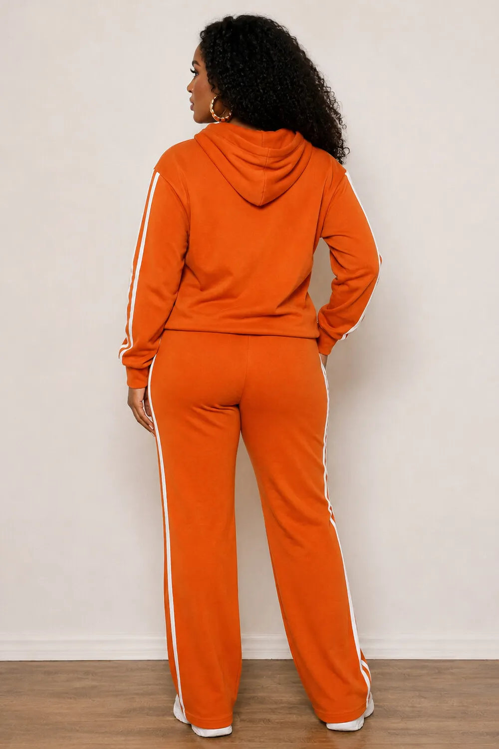 Contrast Piping Hoodies Straight Leg Pants Casual 2pcs Set-Orange [Pre Order]