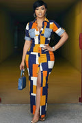 Collar Short Sleeve Colorblock Maxi Dresses