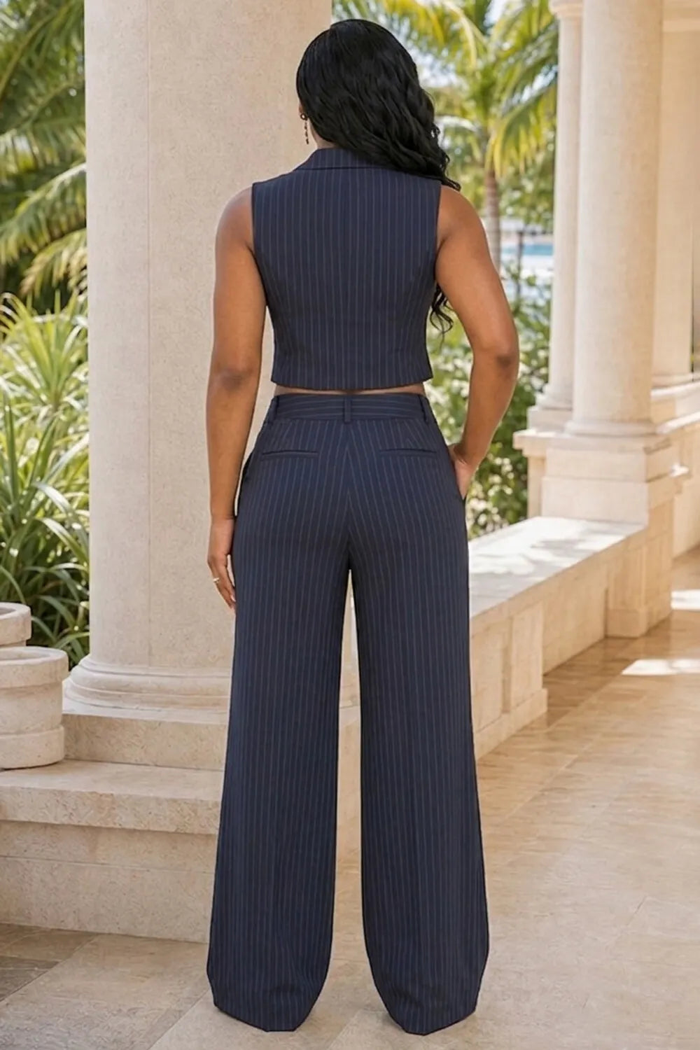 Pinstripe Double-Breasted Vest Top Wide Leg Pants 2pcs Set-Navy