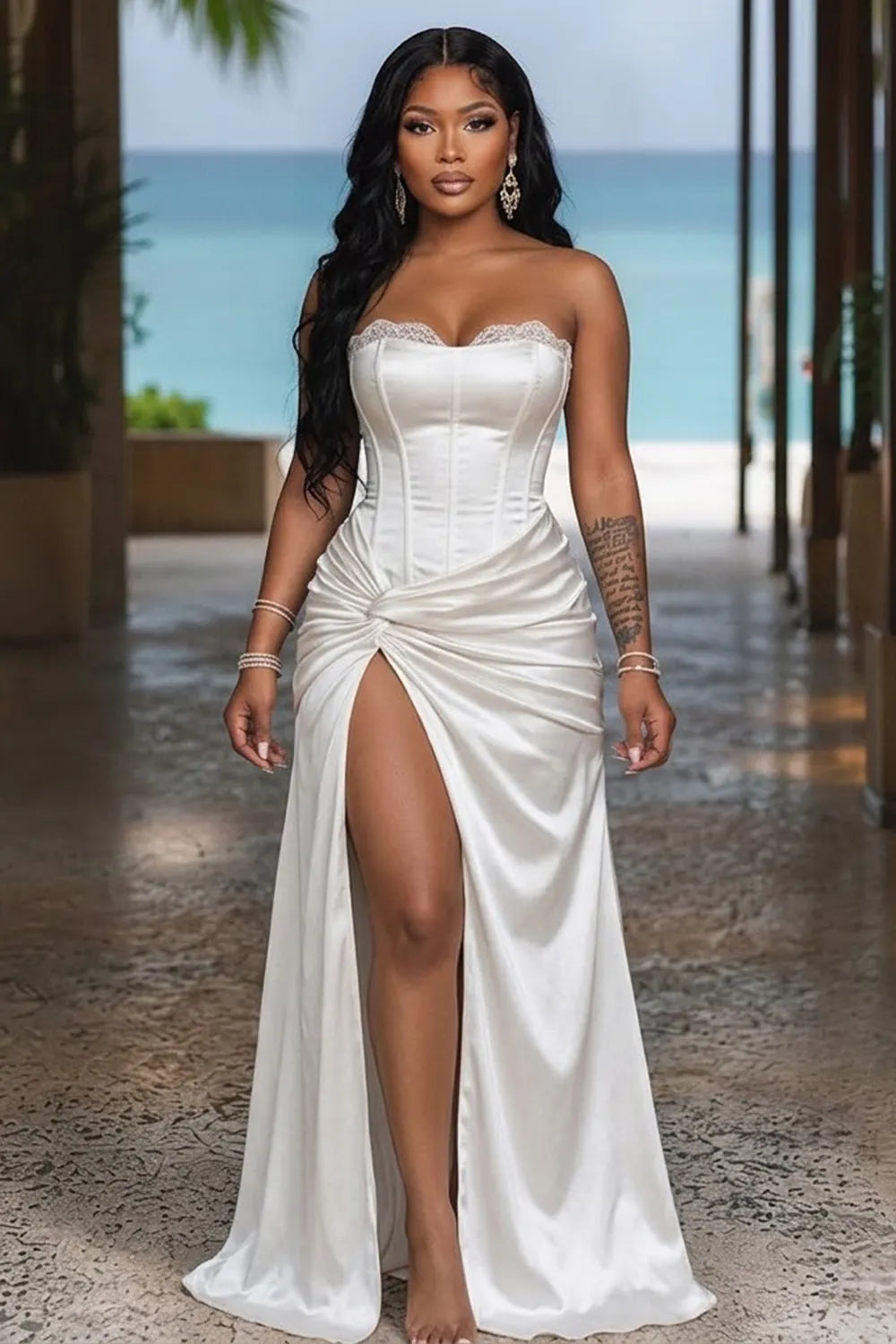 Strapless Lace Trim Knot Ruched Slit Cinch Waist Gowns Maxi Dresses-White