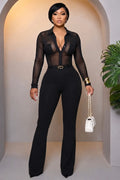 Polo Neck Long Sleeve Elastic Mesh Patchwork Jumpsuit-Black