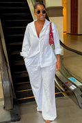 Patch Pocket  Collar Long Sleeve Shirt Wide Leg Pants 2pcs Set-White