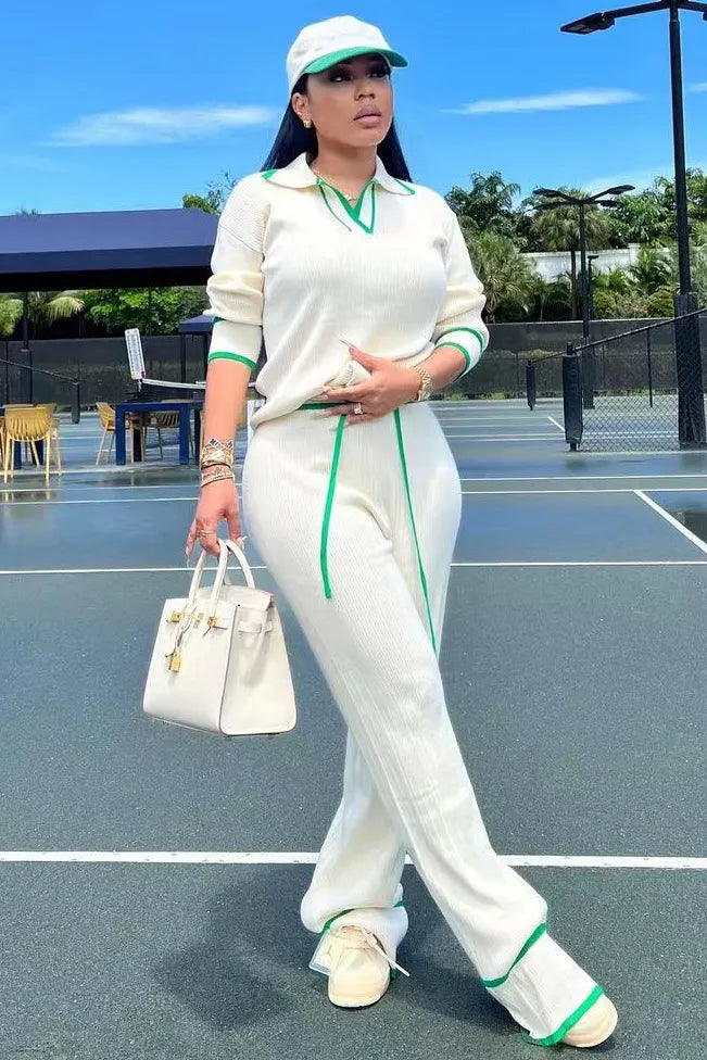 Knit  Collar Long Sleeve Top Straight Leg Casual Pants Matching Set