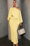One Shoulder Cape Crop Top Slit Maxi Skirt Casual 2pcs Set-Yellow