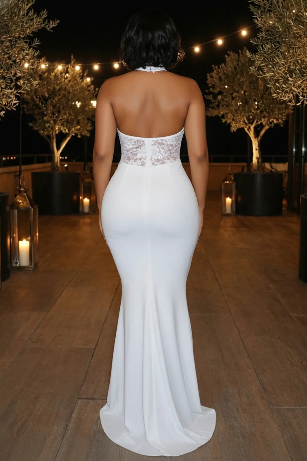 Halter Semi-Sheer Lace Patchwork Mermaid Party Maxi Dresses-White