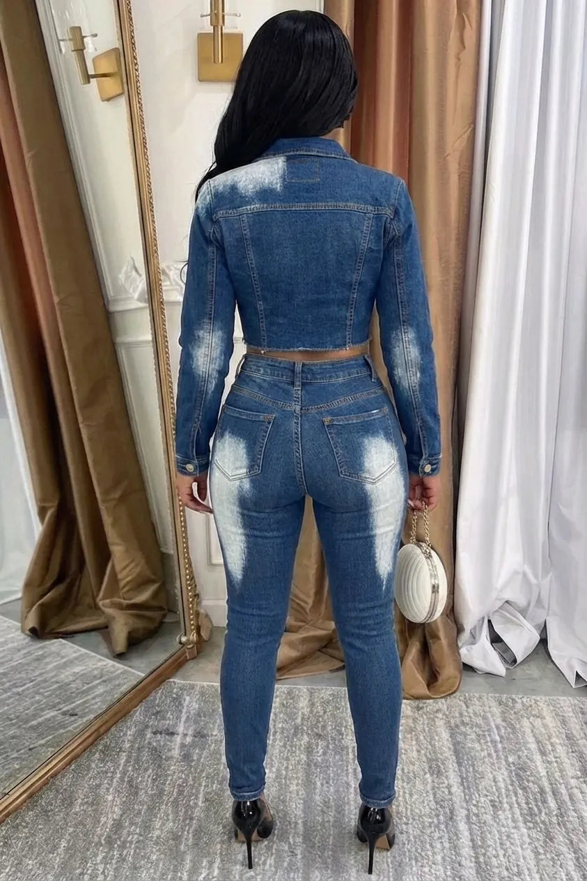 Zipper Denim Crop Top High Waist Pants Casual 2pcs Set-Blue