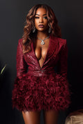 Lapel Collar Long Sleeve Feather Decor Mini Dresses-Burgundy