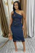 Denim One Shoulder Lace Patchwork Slim Casual Maxi Dresses-Navy