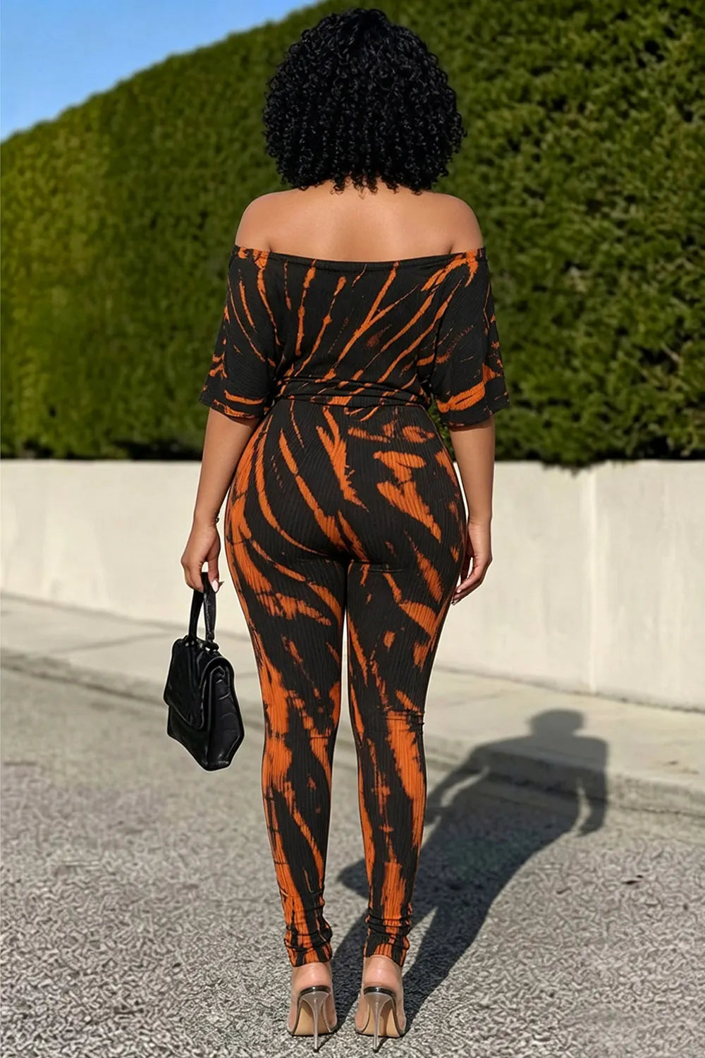 Tie Dye Off Shoulder Short Sleeve Skinny Casual Jumpsuit-Black