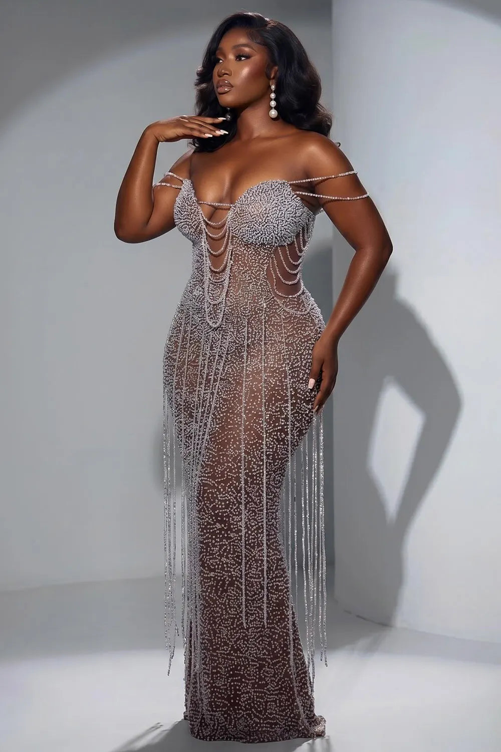 Off Shoulder Rhinestone See Through Slim Fit Maxi Dresses-Silver