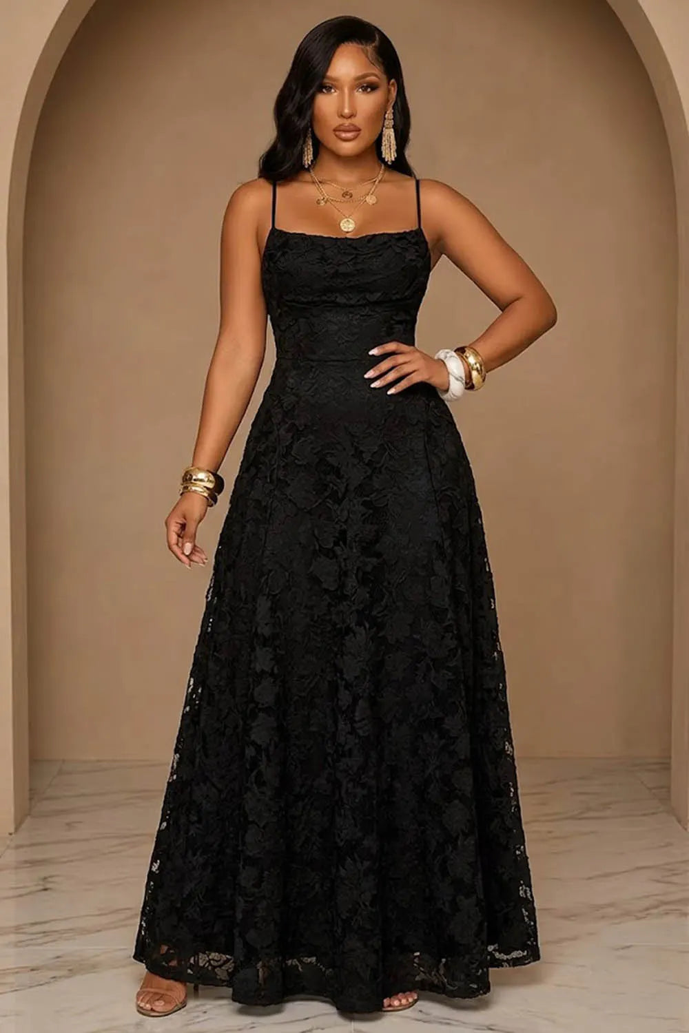 Spaghetti Strap Floral Lace Cinch Waist Backless Lace-Up Maxi Dresses-Red