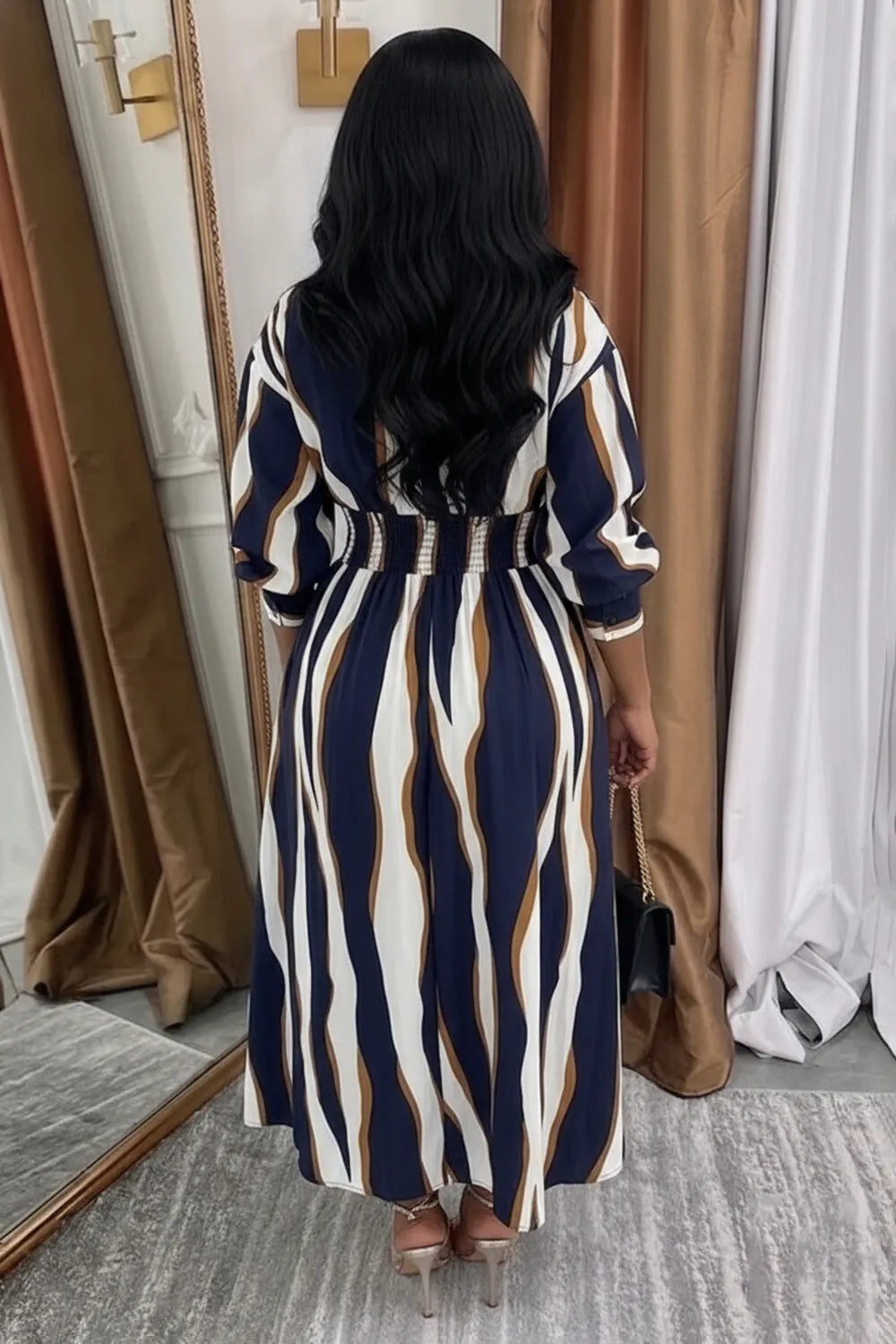Stripe Shirt Collar Lantern Sleeve Casual Maxi Dresses-Multicolor