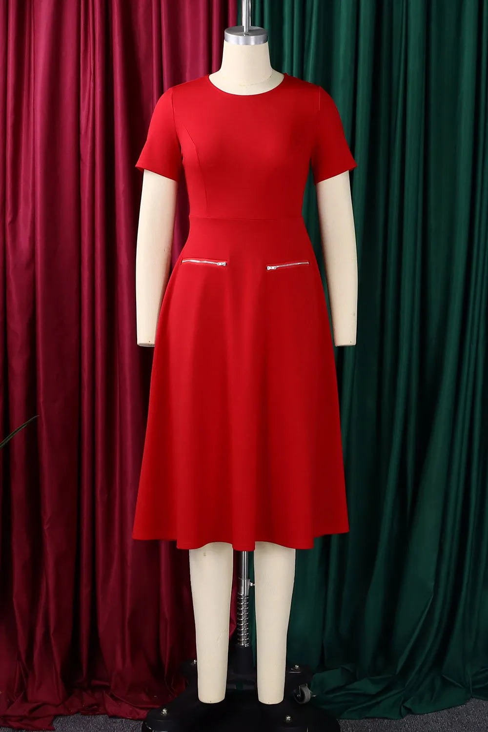 Round Neck Short Sleeve Zipper Solid Color A-Line Formal Midi Dresses-White