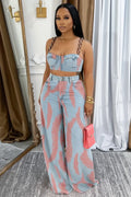 Denim Chain Strap Top Wide Leg Pants Leaf Casual 2pcs Set-Blue