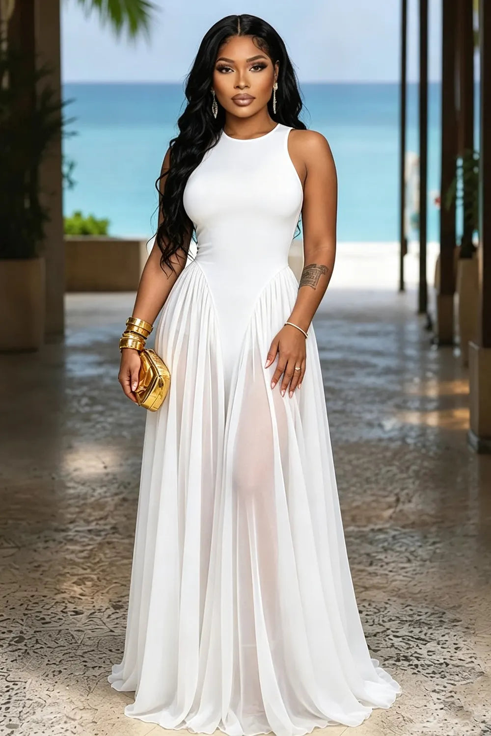 Round Neck Sleeveless Mesh Patchwork Cinch Waist Vacation Maxi Dresses-Green