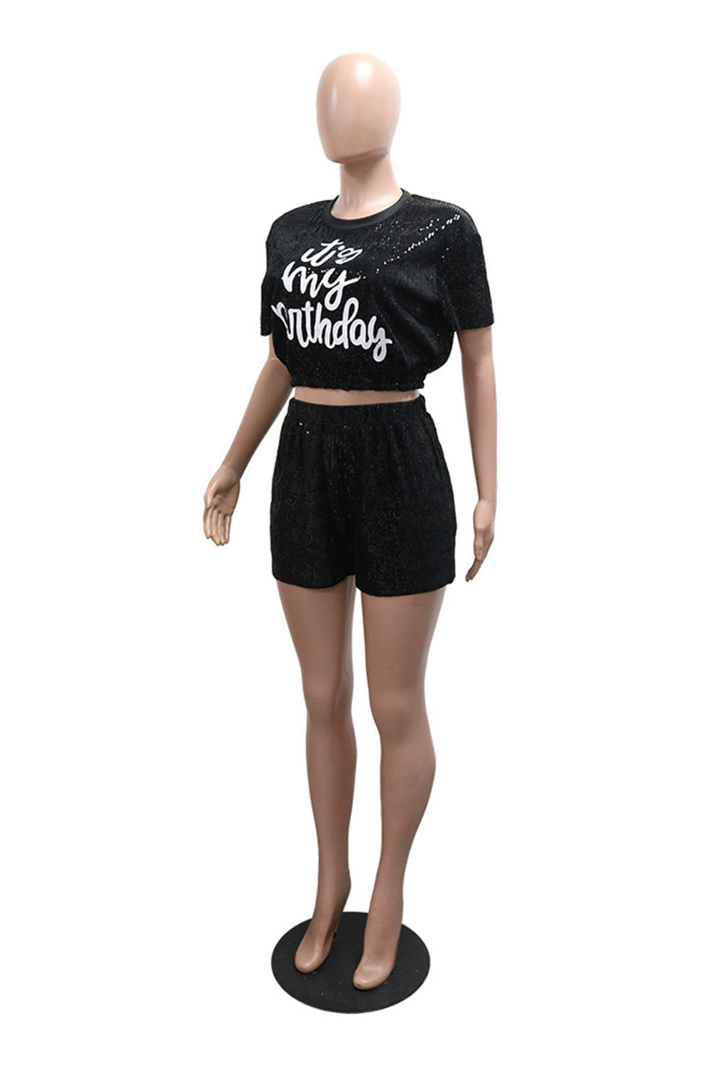 Letter Print Sequin Round Neck Crop T-Shirt Shorts Casual 2pcs Set-Black