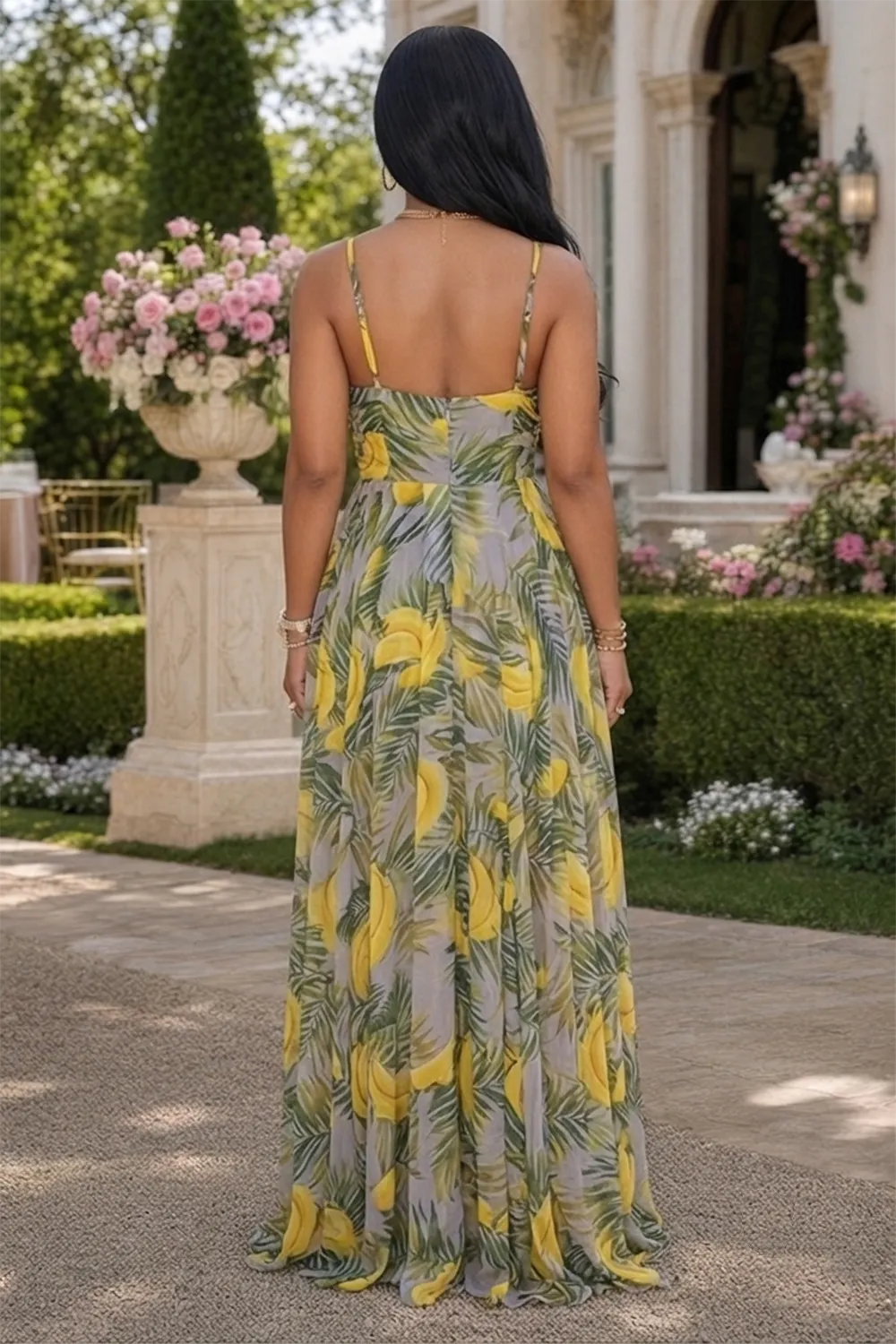 All Over Leaf Print Cami Neck Front Sash Maxi Dresses-Green