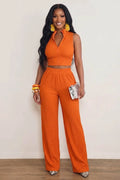 Wrinkle Texture Stand Collar Zipper Crop Vest Wide Leg Pants 2pcs Set-Orange