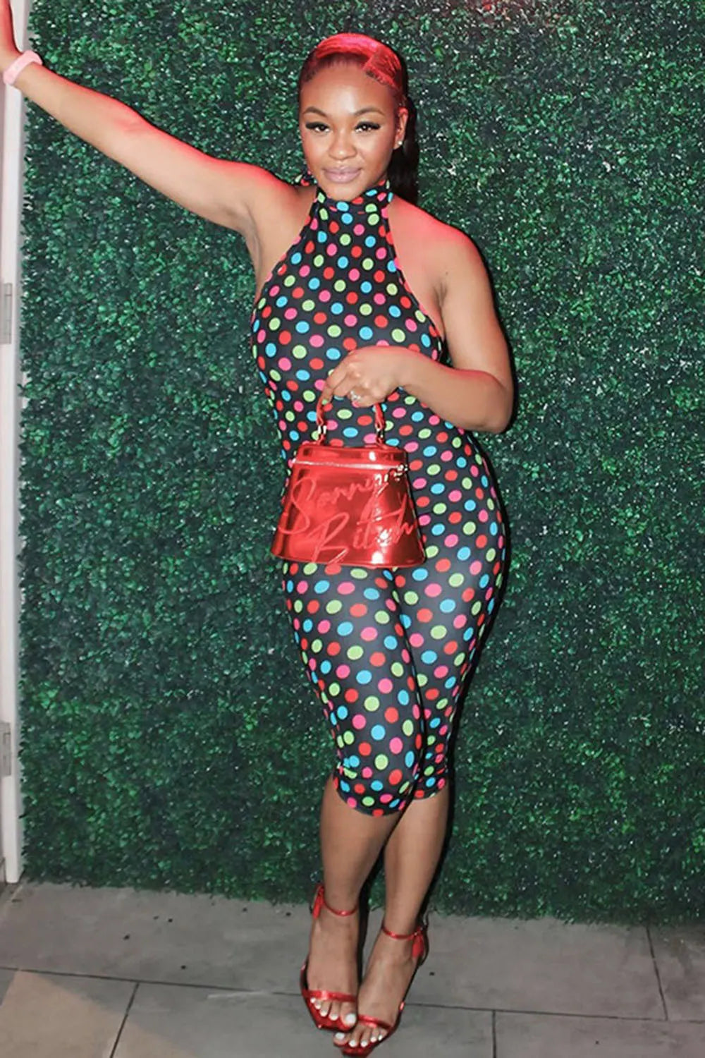 Halter Backless Polka Dot Print Ruched Bodycon Casual Capri Jumpsuit-Yellow
